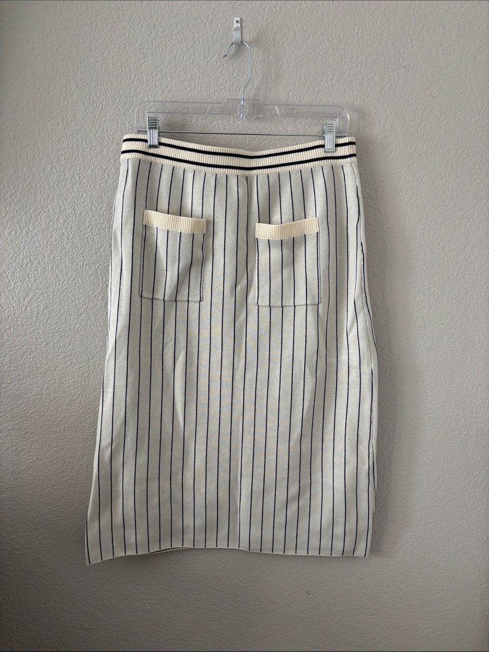 Cream Pinstripe Pencil Skirt with Pocket Detail